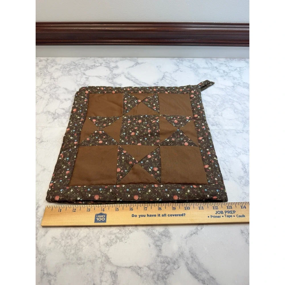 Vintage Quilted Pot Holders Set of 2 Brown Floral Patchwork Star Farmhouse 11.5